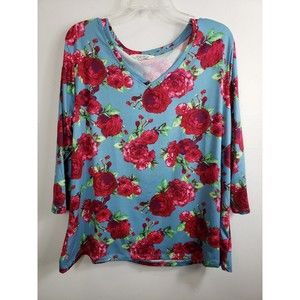 The Pioneer Woman 2X Blue Red Flowers 3/4 Sleeve V-Neck  Stretch top